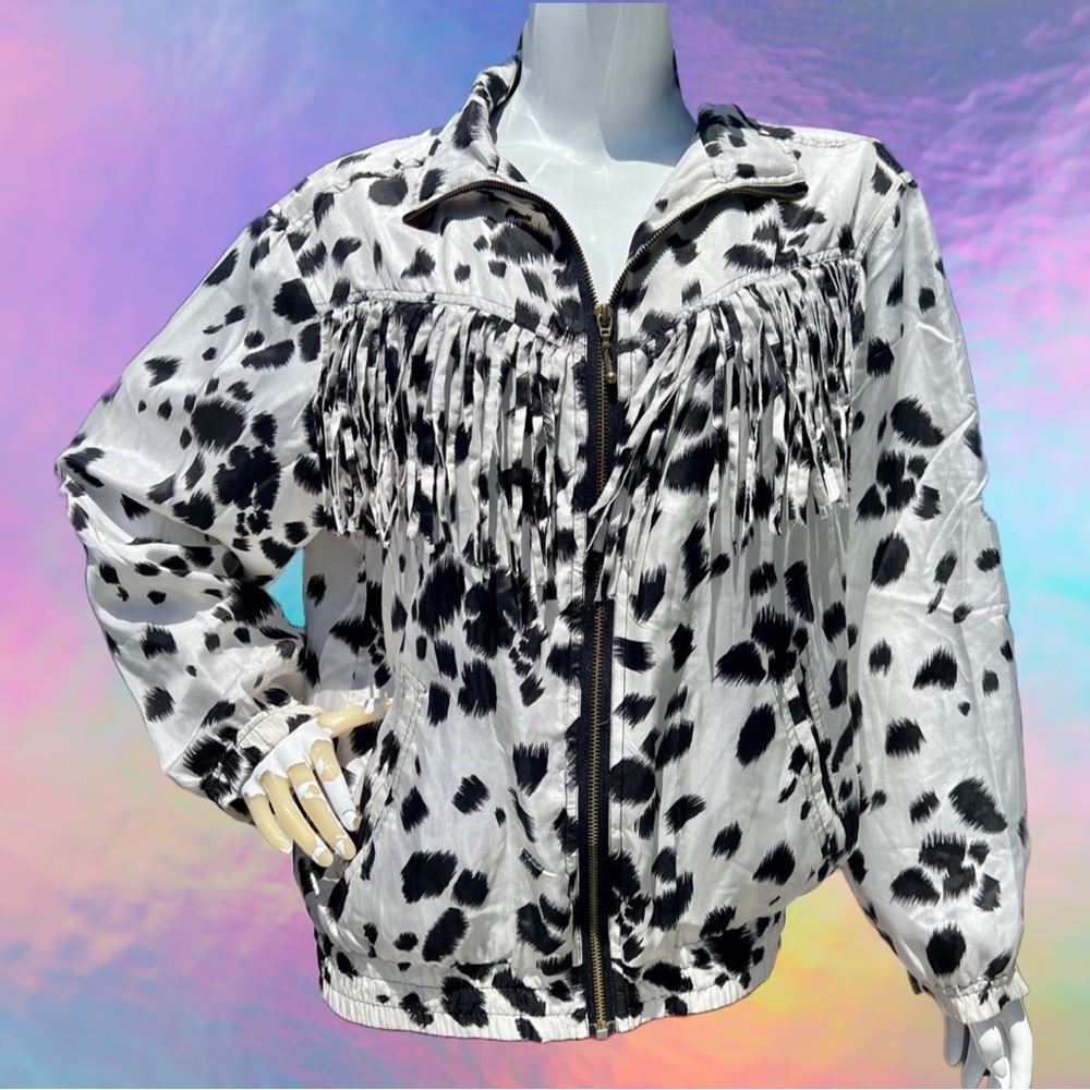 90s Black and White Brushstroke Print Fringe Bomber Jacket